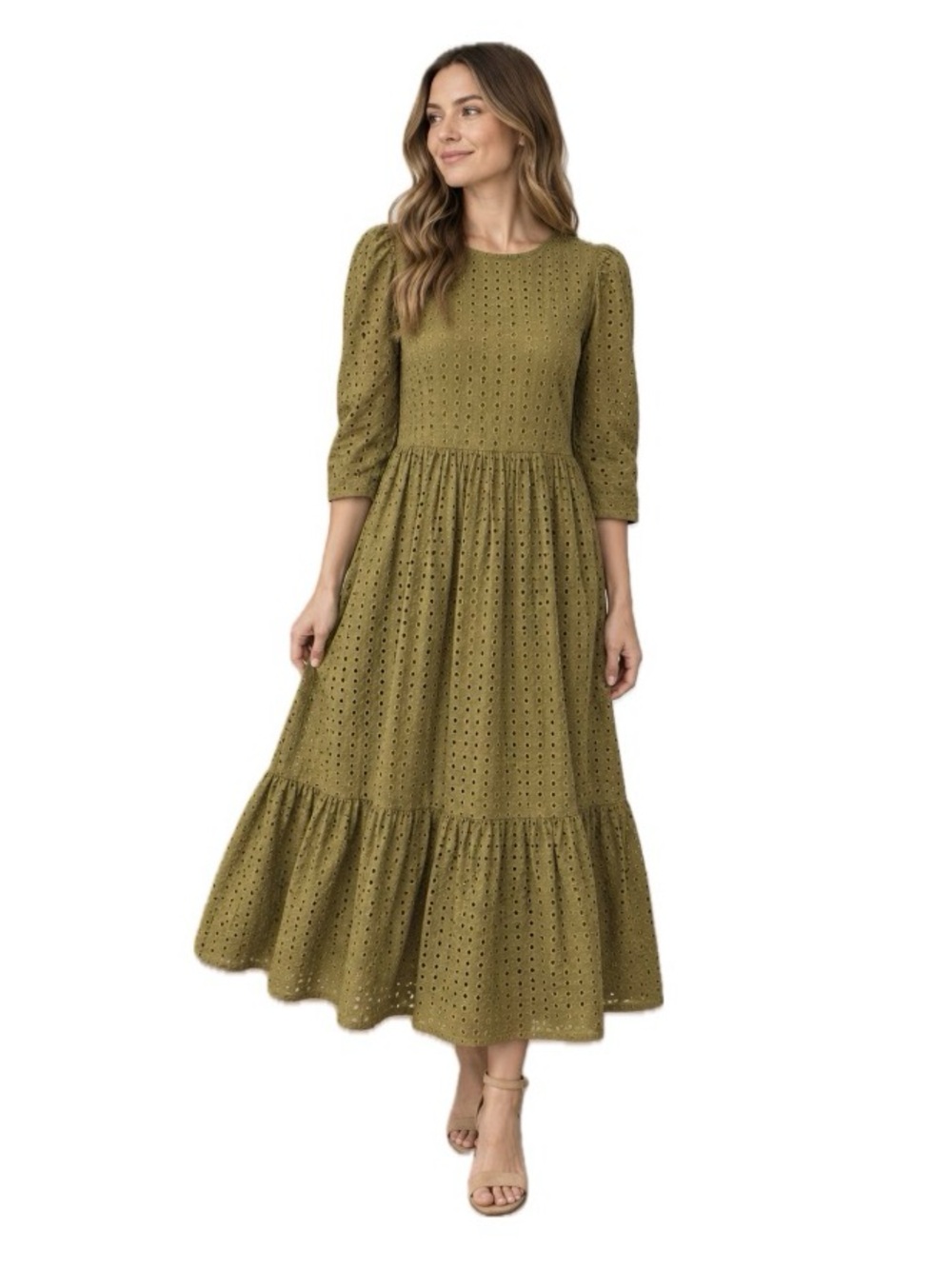 A New Day, Olive Eyelet Midi Dress with Puff Sleeves Cottage Core. Size L